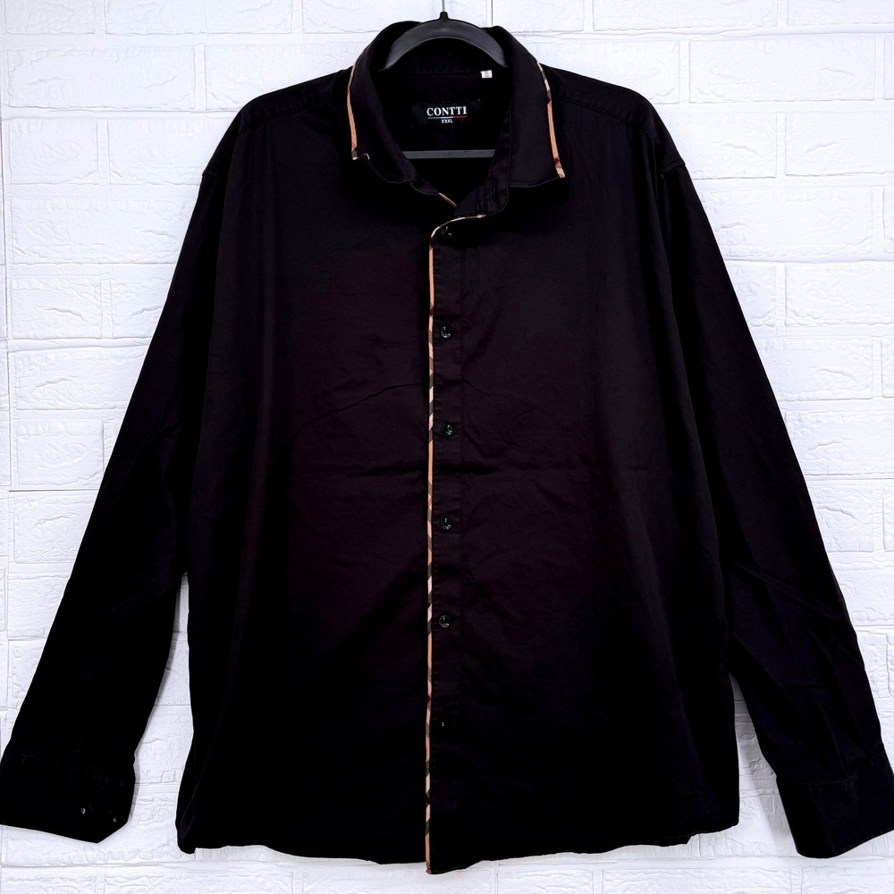 CONTTI Button Down Shirt Mens XXXL Black Plaid Trim Long Sleeve Casual Dress